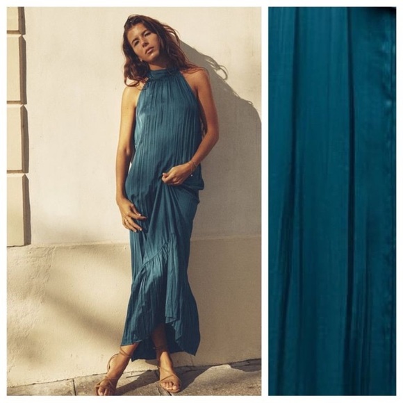 Zara Petrol Blue Satin Effect Maxi Halter Dress Size Small Sleeveless Tie Back - Picture 1 of 15